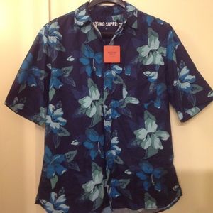 Short Sleeve Blue &Green Floral Button Up Shirt